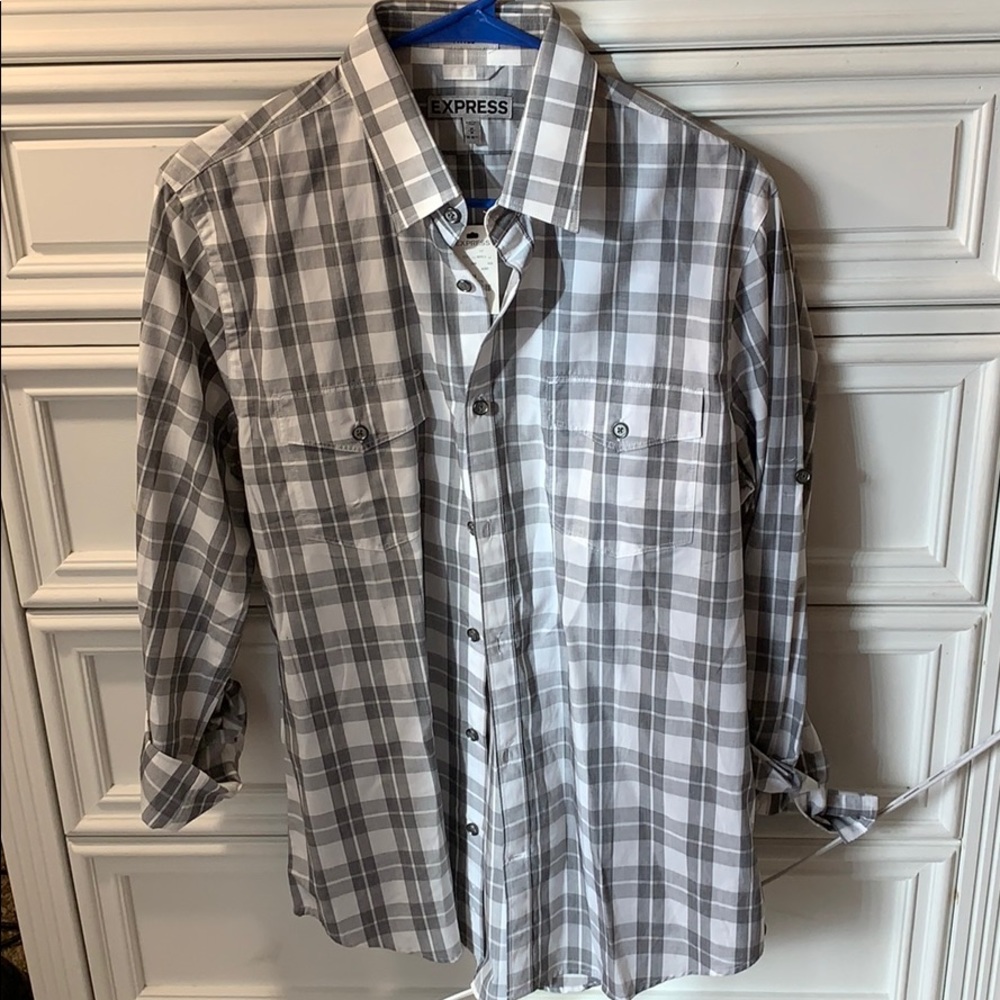White/gray plaid button down shirt
